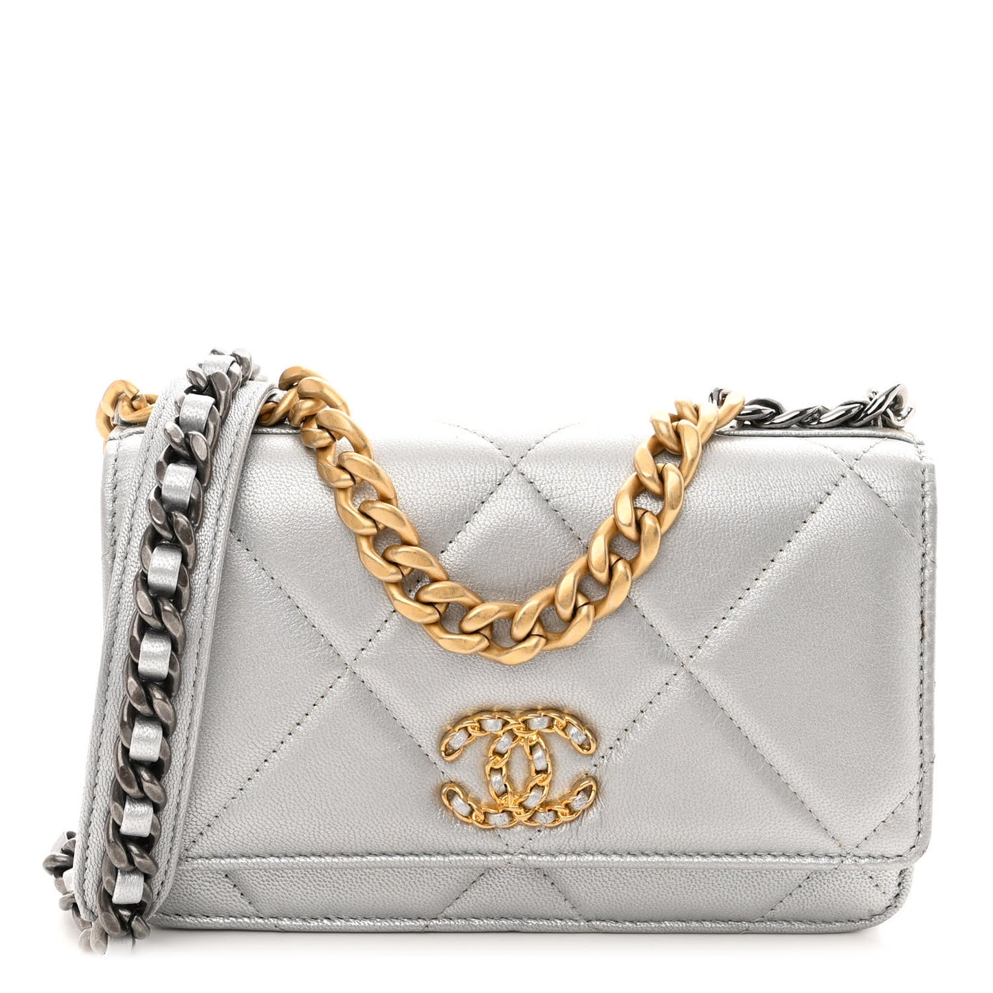 Metallic Goatskin Quilted Chanel 19 Wallet On Chain WOC Silver