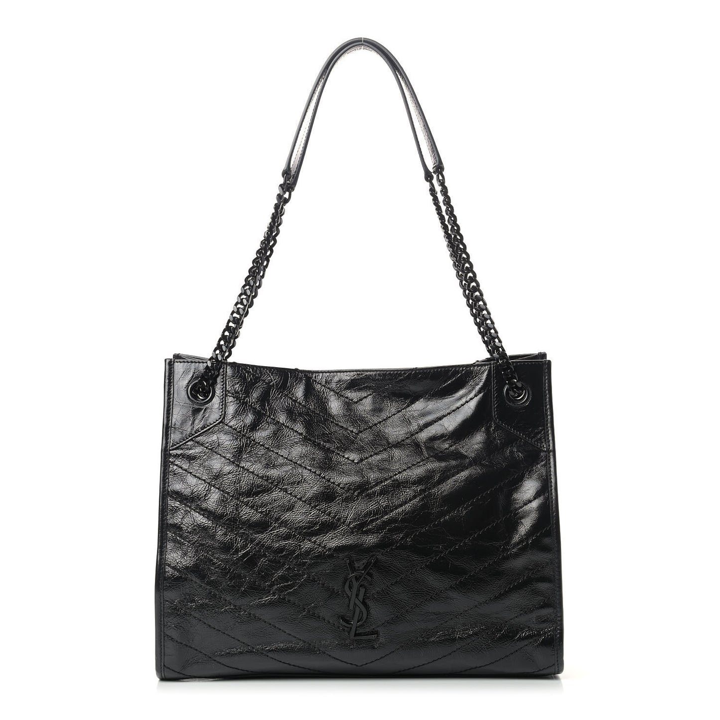 Crinkled Calfskin Matelasse Monogram Medium Niki Shopper Tote Black