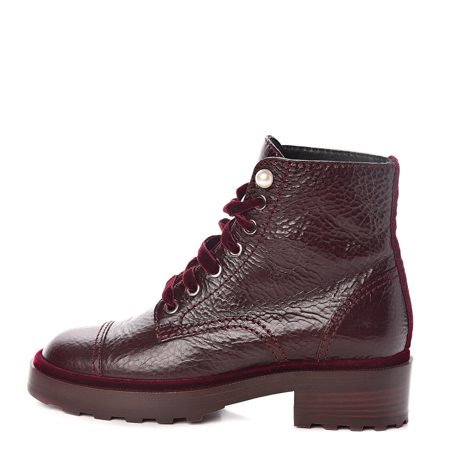 Calfskin Velvet Pearl Combat Short Boots 37 Burgundy