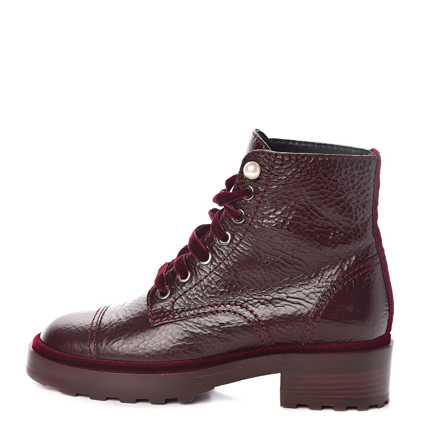 Chanel Calfskin Velvet Pearl Combat Short Boots 37 Burgundy 1 of 8