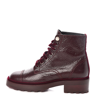 Chanel Calfskin Velvet Pearl Combat Short Boots 37 Burgundy 1 of 8
