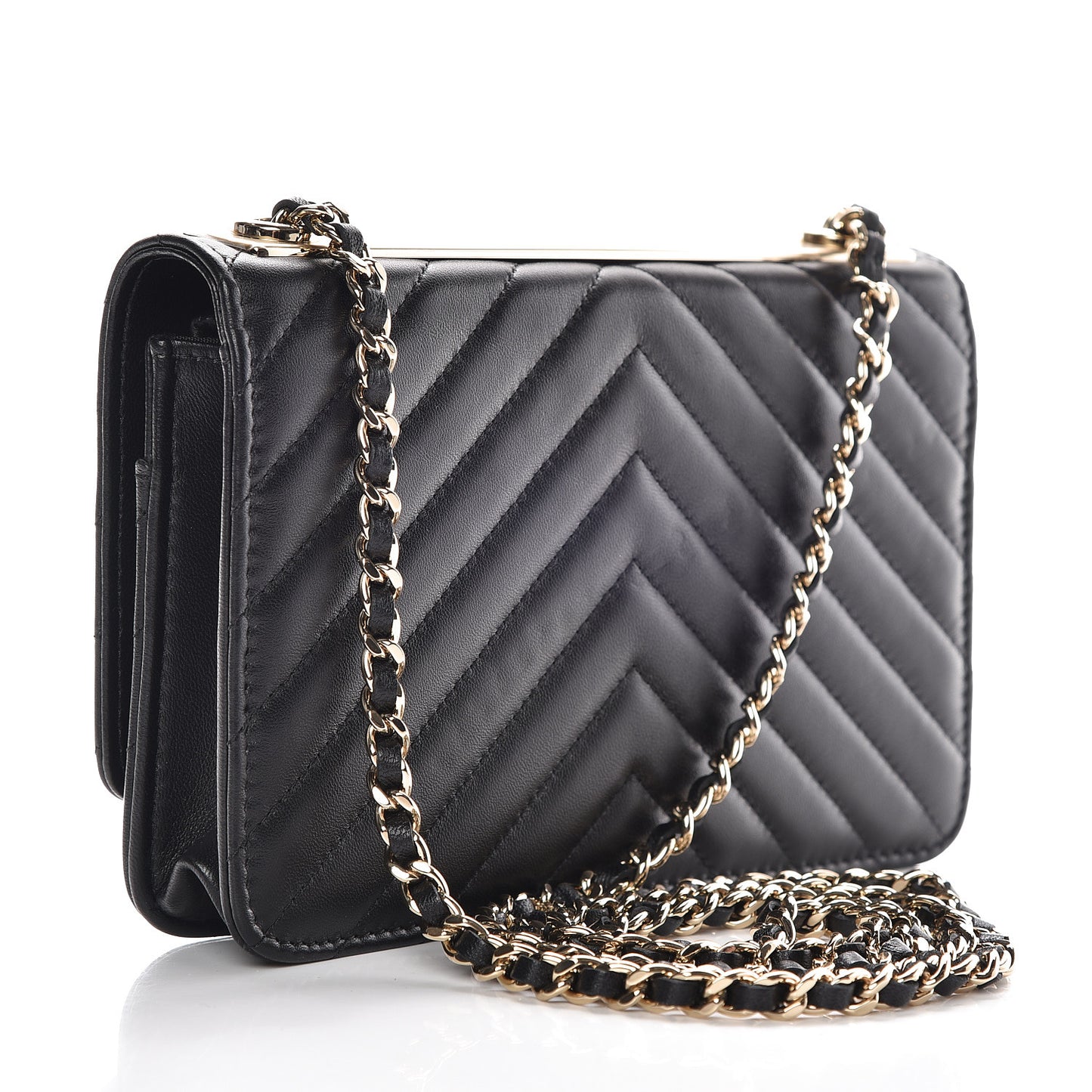 Lambskin Chevron Quilted Trendy CC Chain Wallet Black