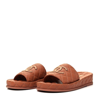Chanel Lambskin Quilted CC Mules Sandals 39 Brown 3 of 8