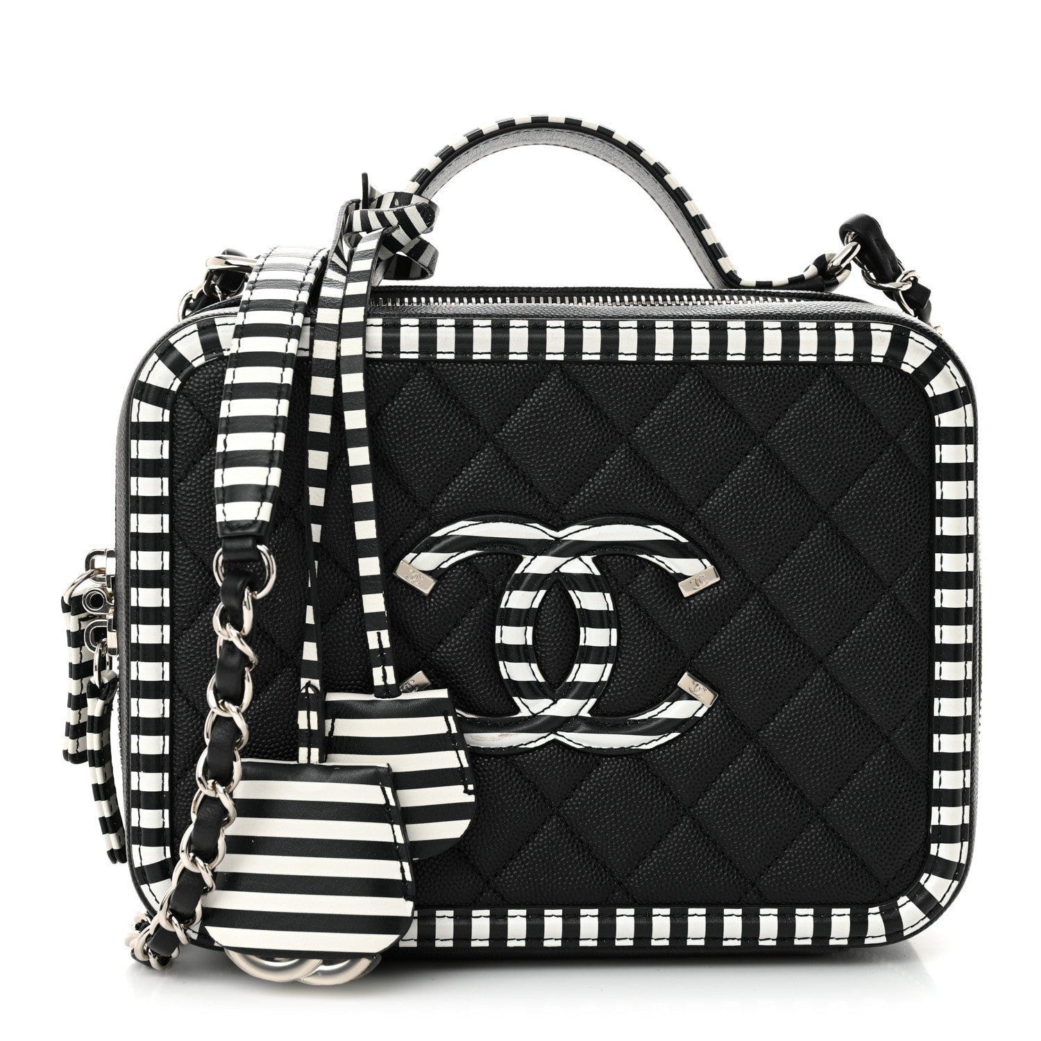 Chanel Caviar Quilted Striped Medium CC Filigree Vanity Case Black White 1 of 11
