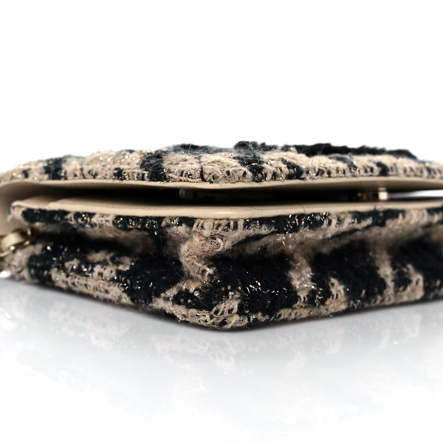 Tweed Shearling Quilted Chanel Wallet On Chain WOC Beige Black