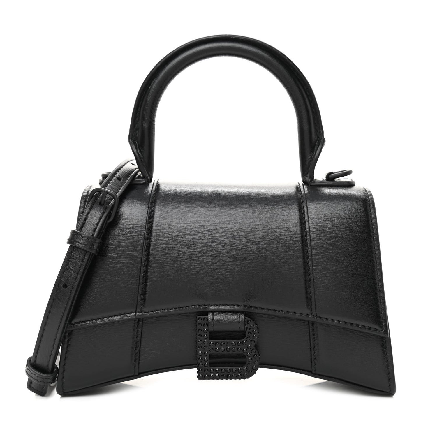Shiny Box Calfskin Strass Hourglass Top Handle Bag XS Black