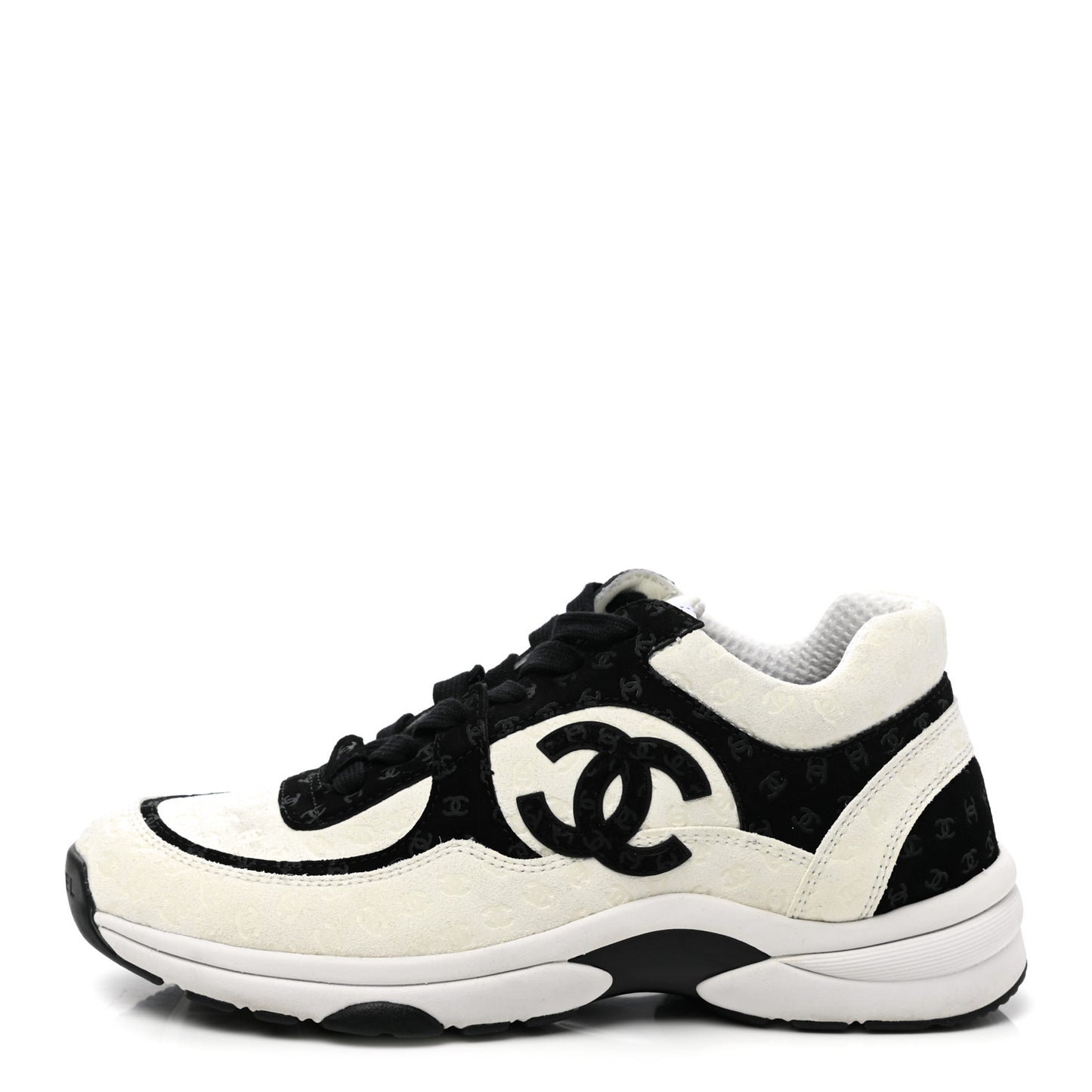 Suede Calfskin Womens CC Printed Sneakers 37.5 White Black