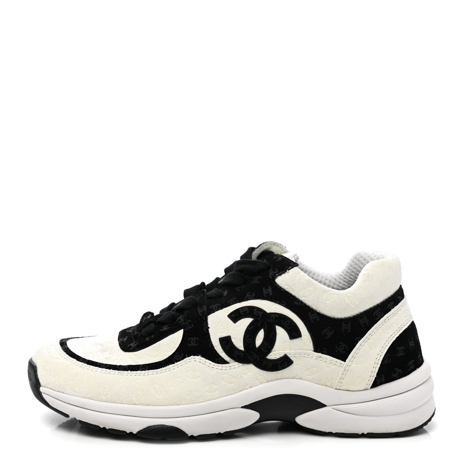 Chanel Suede Calfskin Womens CC Printed Sneakers 37.5 White Black 1 of 7