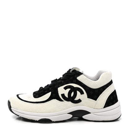 Chanel Suede Calfskin Womens CC Printed Sneakers 37.5 White Black 1 of 7