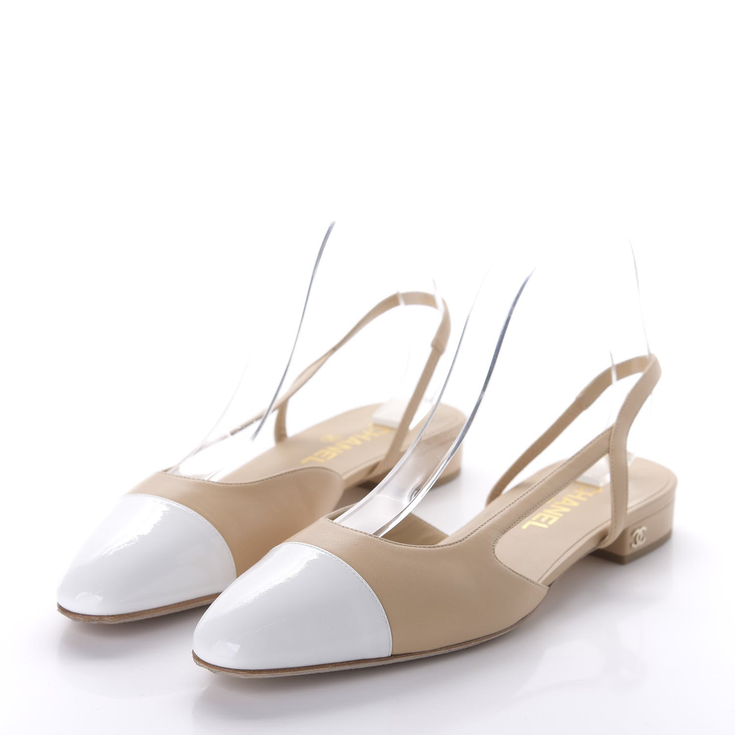 Chanel Lambskin Patent Cap Toe CC Slingback Sandals 40 Beige White 3 of 9
