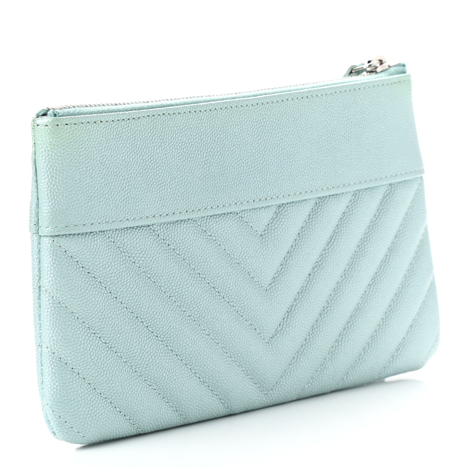 Chanel Metallic Caviar Chevron Quilted Mademoiselle Vintage Zip Pouch Light Blue 3 of 9