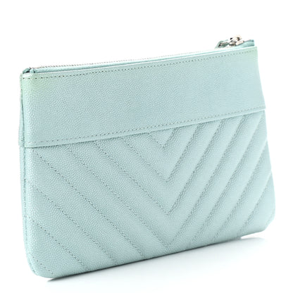 Chanel Metallic Caviar Chevron Quilted Mademoiselle Vintage Zip Pouch Light Blue 3 of 9