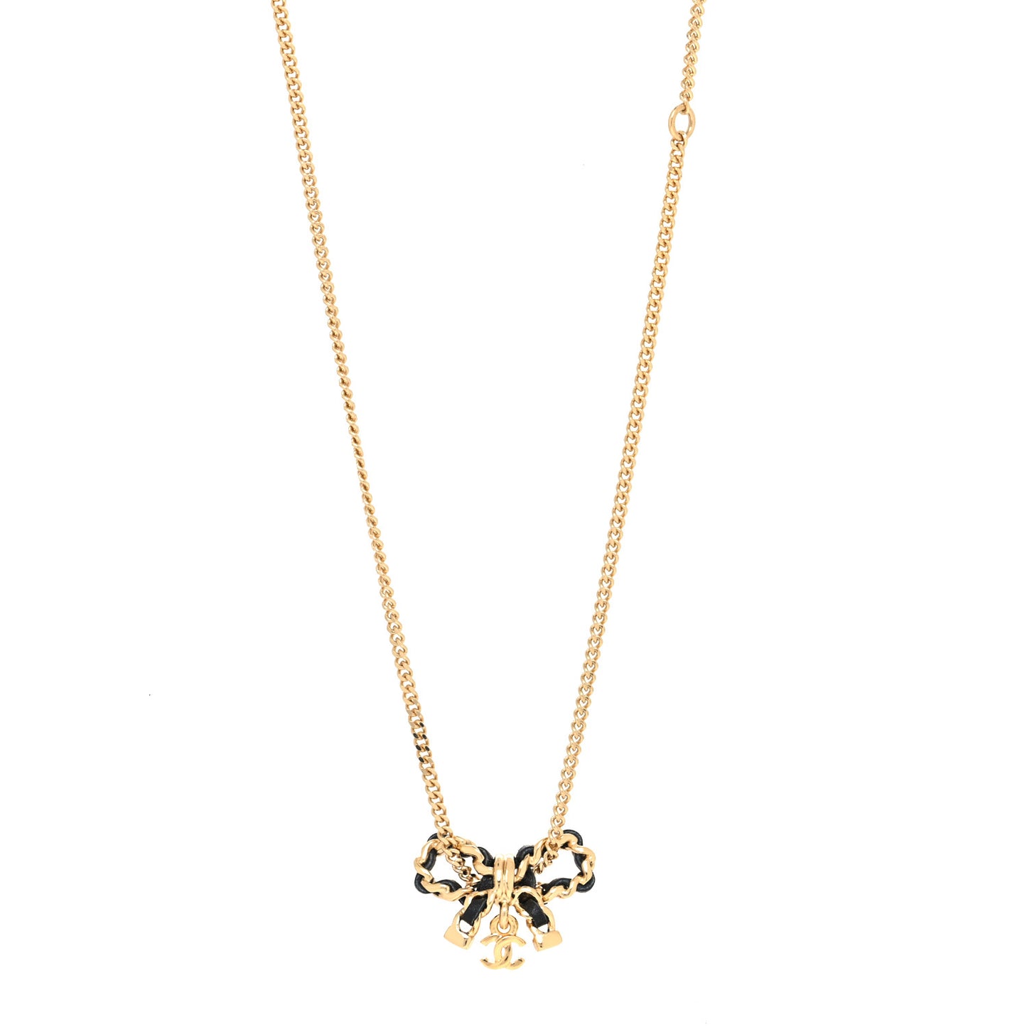Metal Lambskin Chain CC Bow Necklace Black Gold