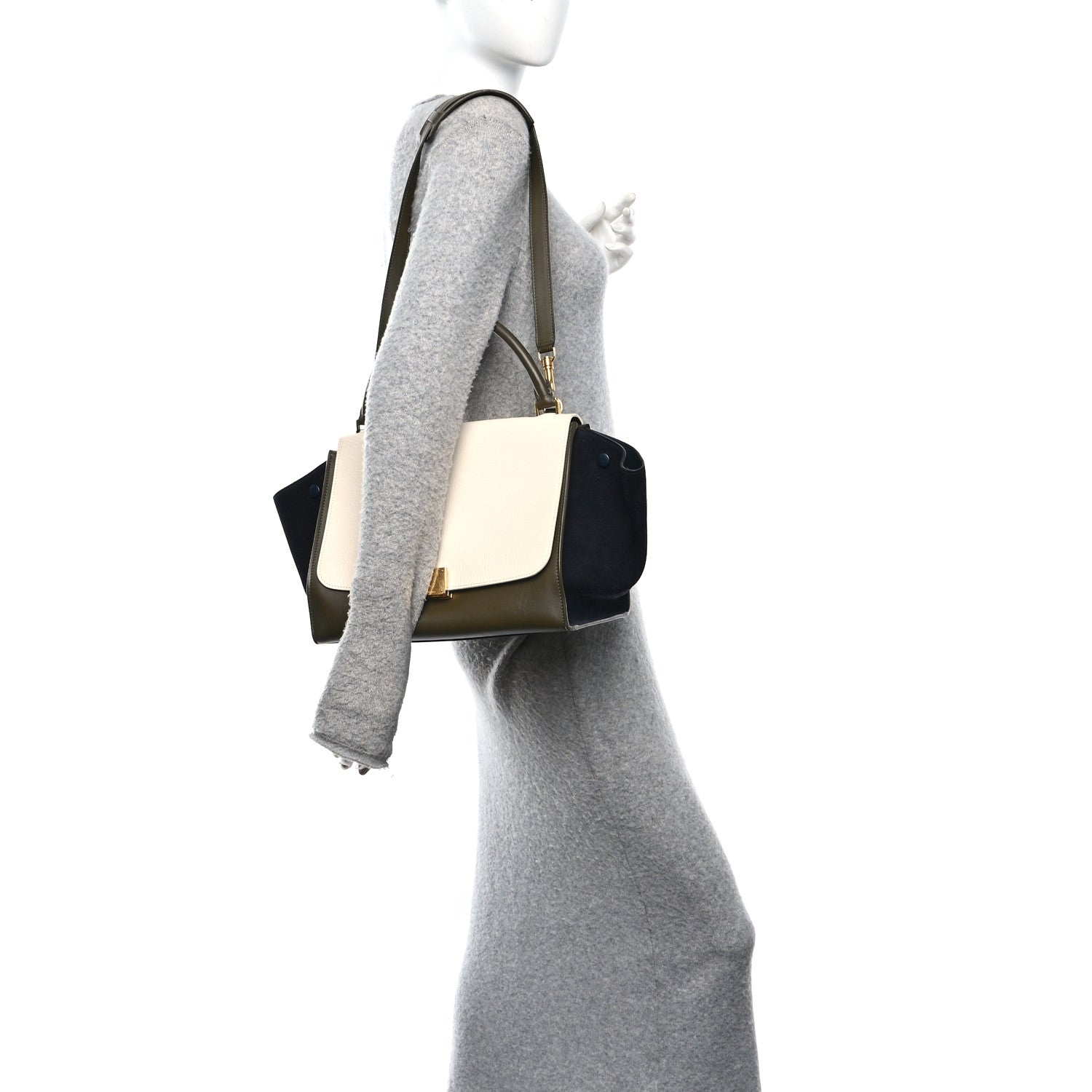 Celine Smooth Calfskin Suede Medium Tri-Color Trapeze Cream Black Khaki 2 of 9