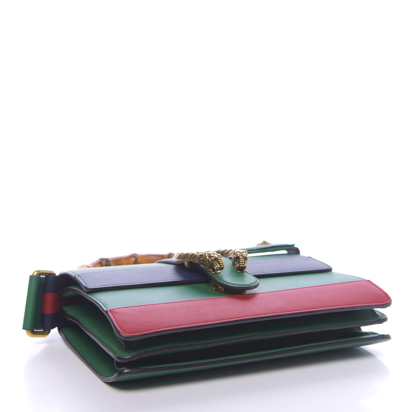 Moon Calfskin Web Medium Dionysus Bamboo Top Handle Bag Emerald Blue Hibiscus Red
