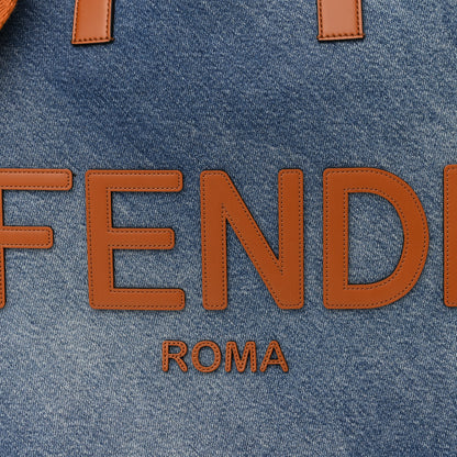 Fendi Denim Lavato Vitello King Logo Embroidered Frayed Large Tote Denim Chiaro Cuoio 8 of 10