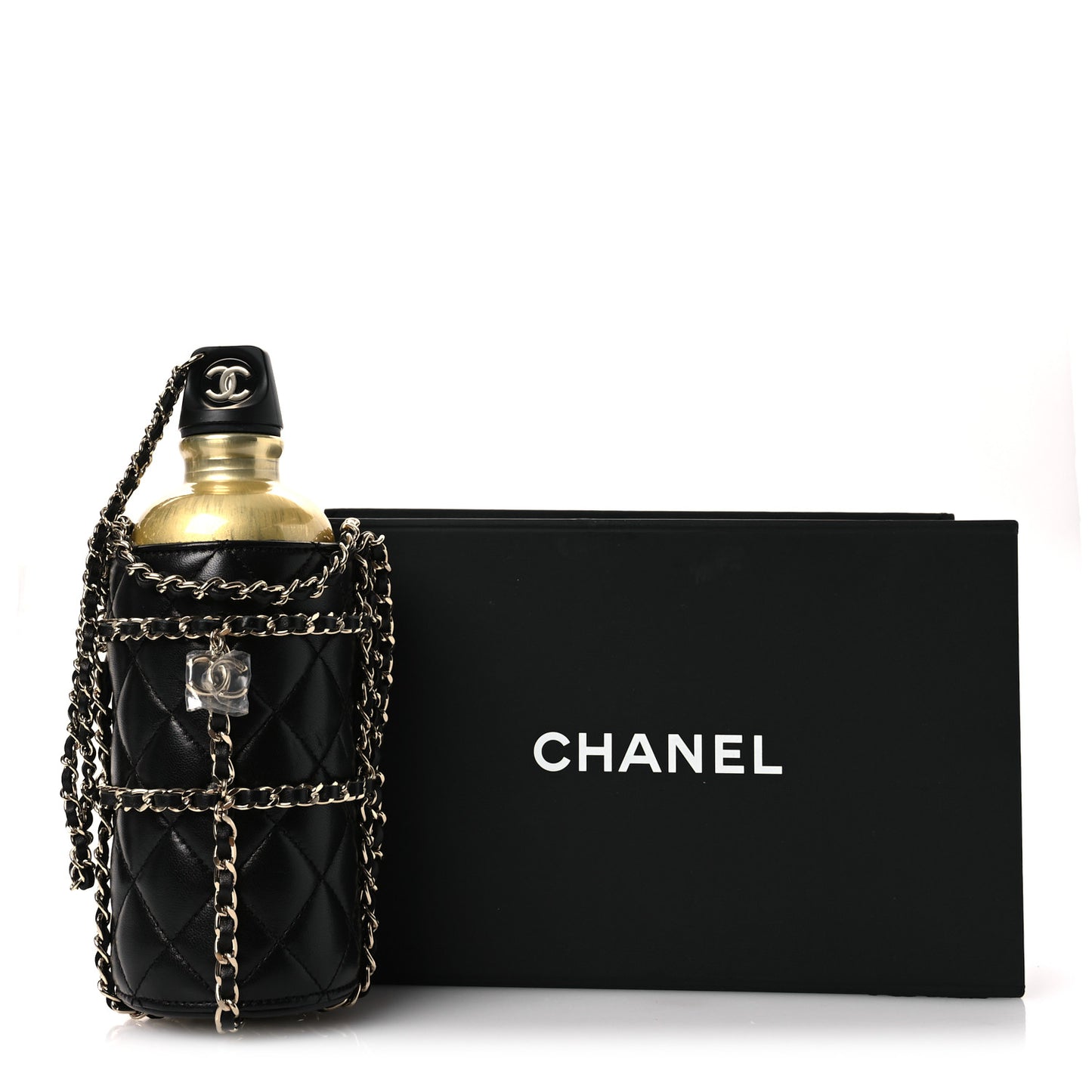 Lambskin Quilted CC To Drink Water Bottle Black Gold