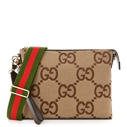 Gucci Monogram Jumbo GG Textured Dollar Calfskin Web Wristlet Messenger Bag Camel Ebony New Acero 1 of 11