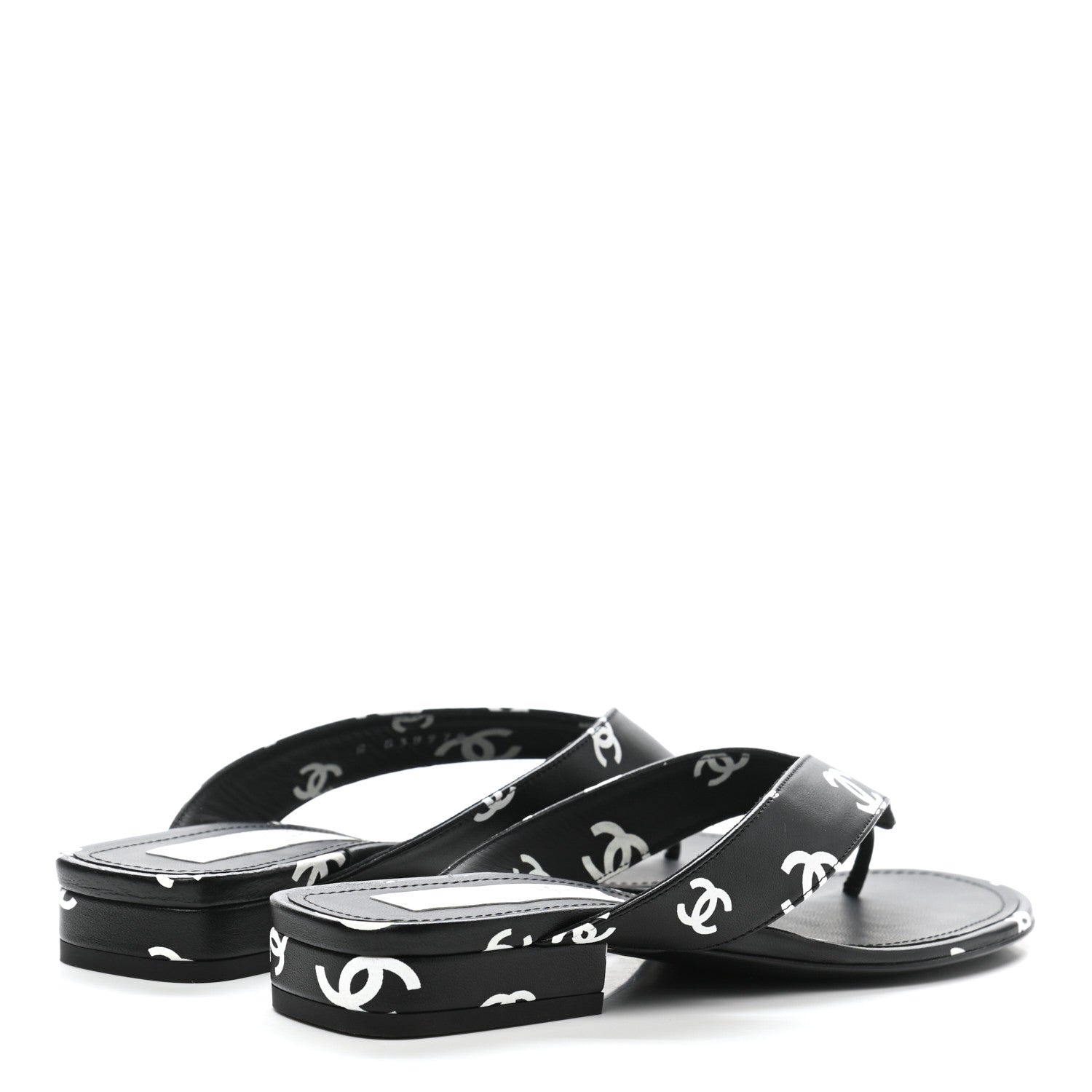 Chanel Lambskin Printed CC Thong Sandals 37 Black White 4 of 10