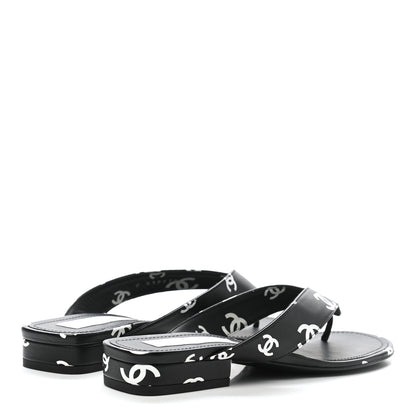 Chanel Lambskin Printed CC Thong Sandals 37 Black White 4 of 10