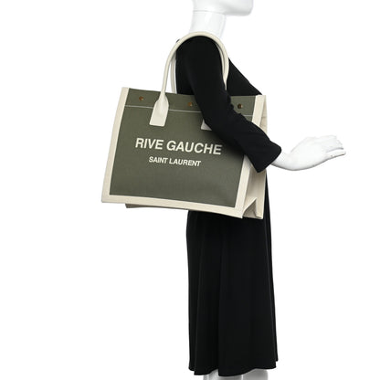Saint Laurent Linen Calfskin Small Rive Gauche Tote Military Green Blanc Vintage 2 of 10
