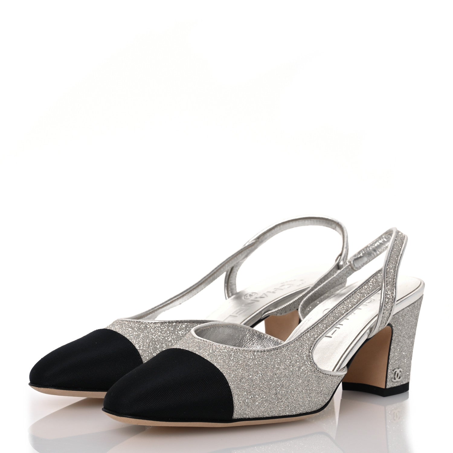 Chanel Glitter Grosgrain Cap Toe CC Slingback Pumps 37 Silver Black 3 of 10
