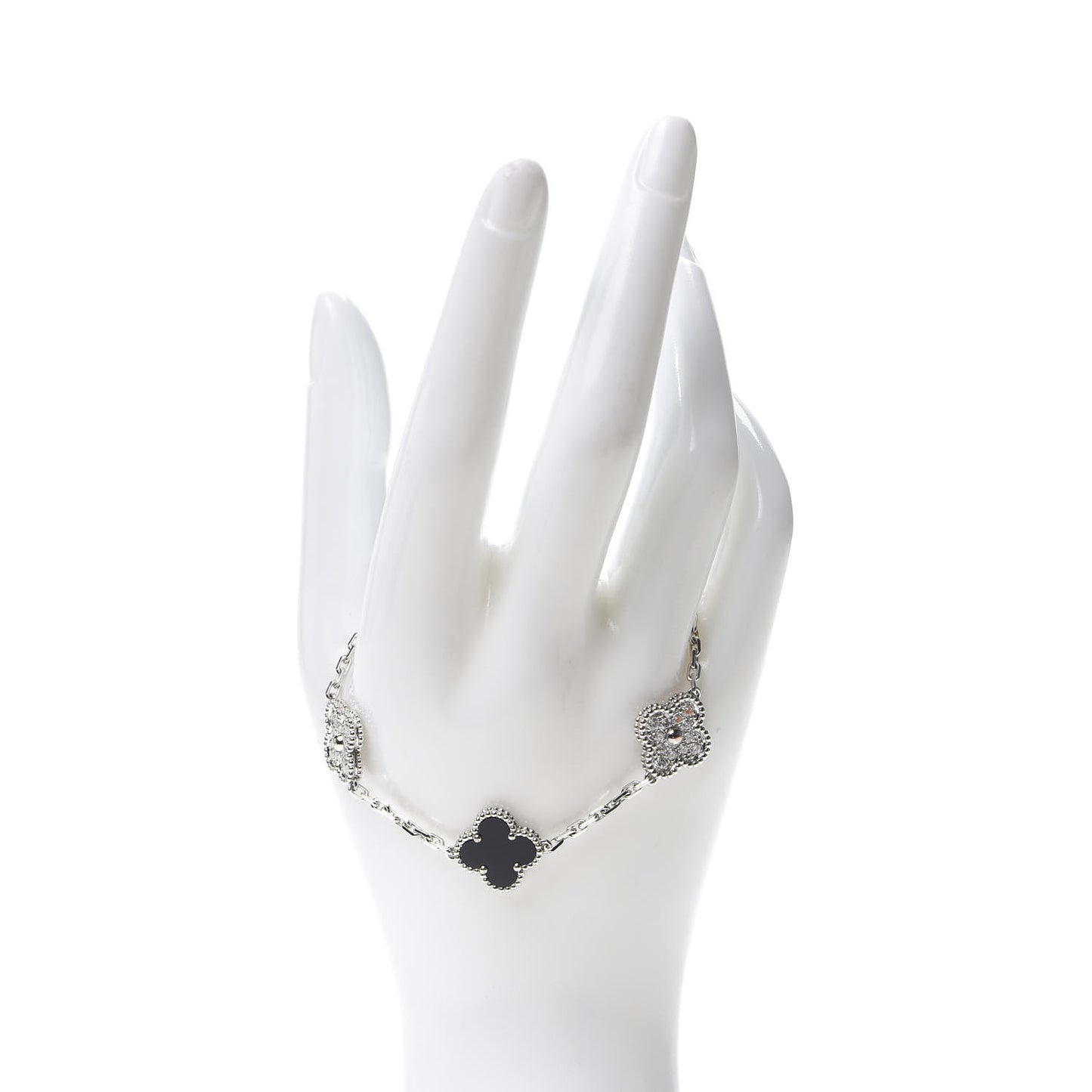 18K White Gold Diamond Black Onyx 5 Motifs Vintage Alhambra Bracelet