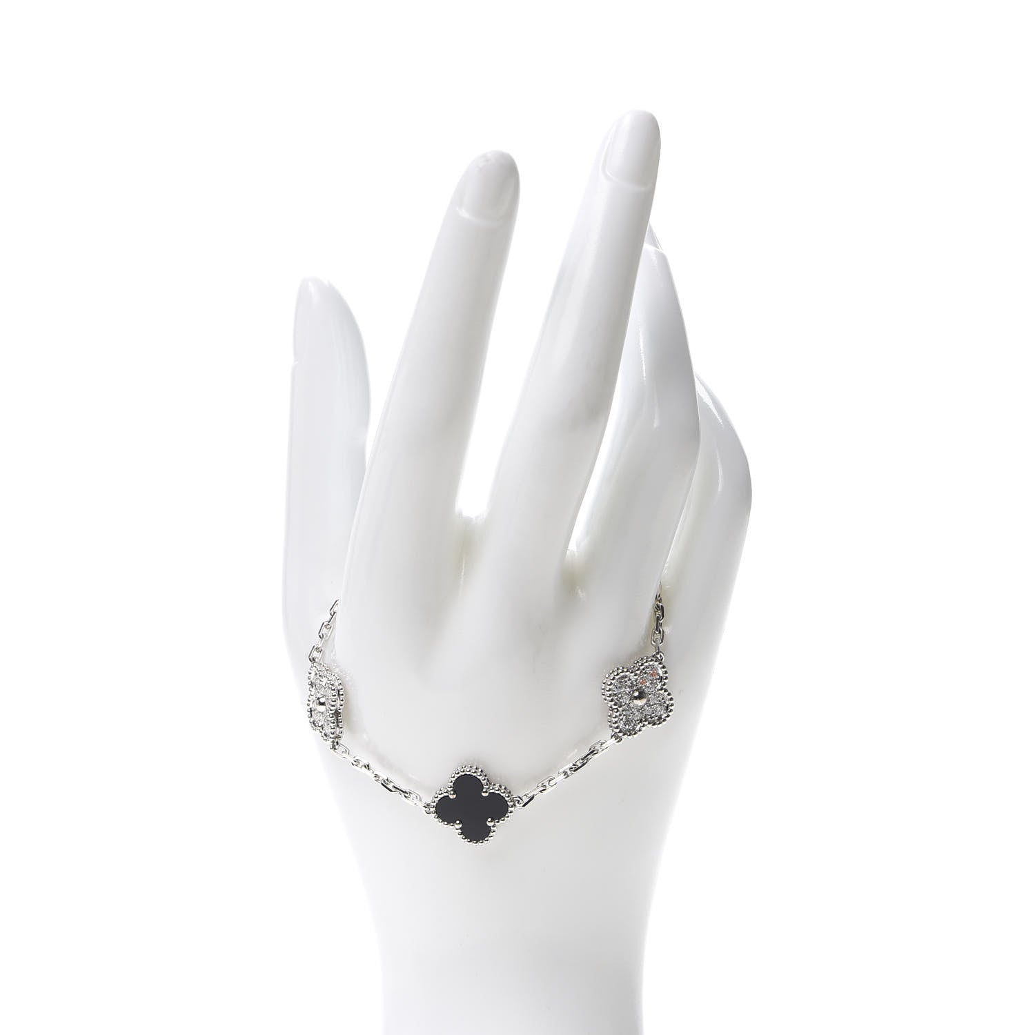 Van Cleef & Arpels 18K White Gold Diamond Black Onyx 5 Motifs Vintage Alhambra Bracelet 2 of 8