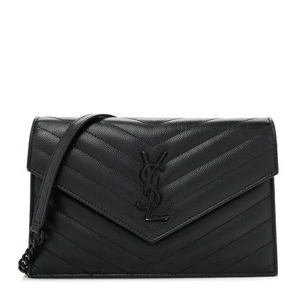 Saint Laurent Grain De Poudre Matelasse Chevron Monogram Monochrome Envelope Chain Wallet Black 1 of 13