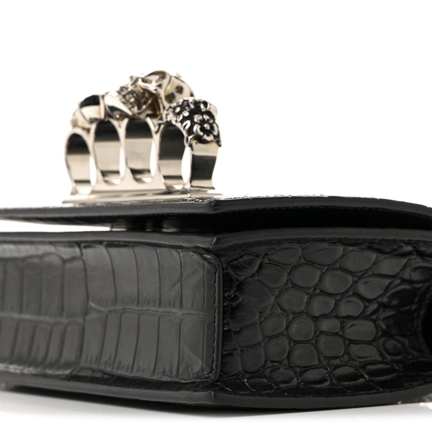 Shiny Calfskin Crocodile Embossed Mini Jeweled Satchel  Black