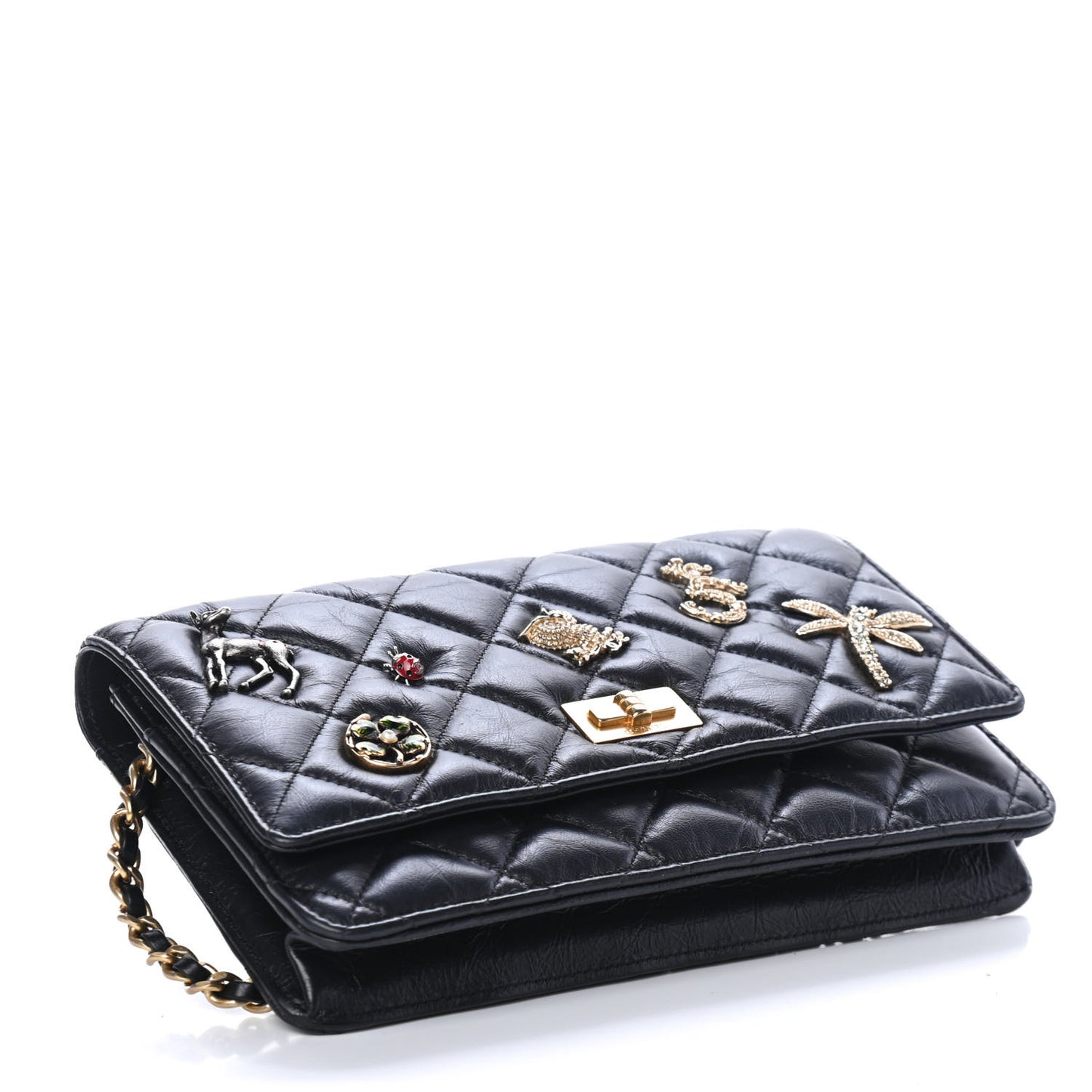 Aged Calfskin Quilted Lucky Charms 2.55 Reissue Wallet On Chain WOC Black