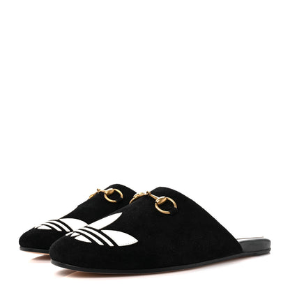 Gucci X ADIDAS Kid Scamosciato Quentin Trefoil Embroidered Womens Horsebit Slippers 36 Black Off White 4 of 10