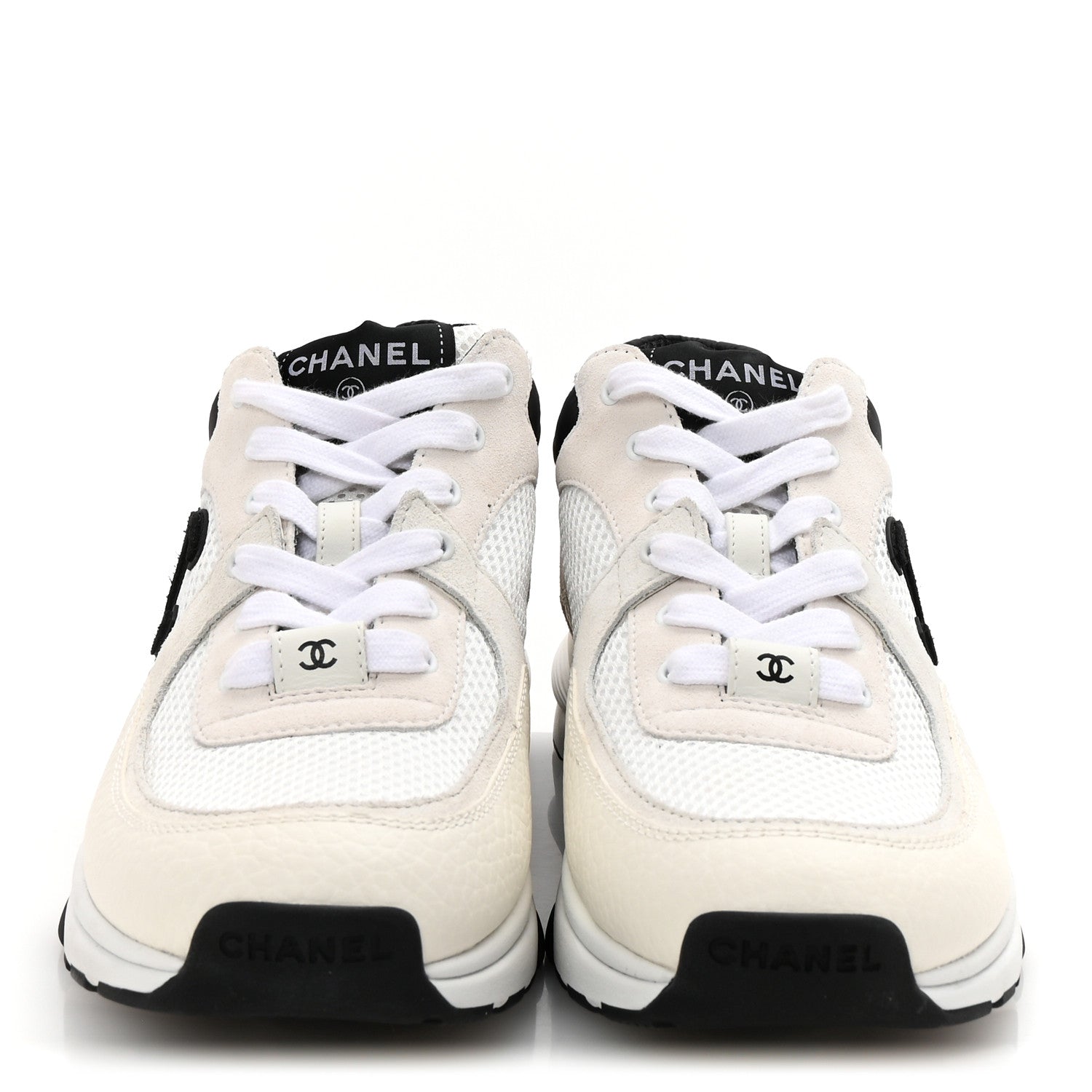 Chanel Mesh Suede Calfskin Grained Calfskin Womens CC Sneakers 38.5 White Black 3 of 10