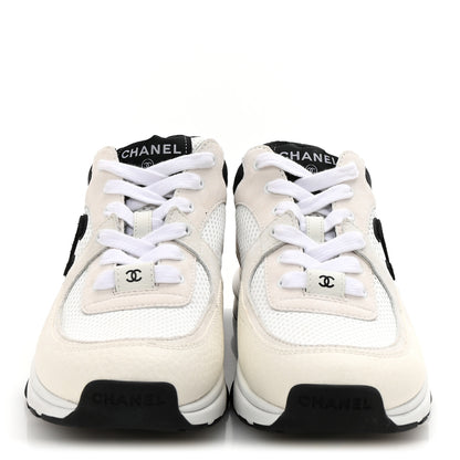Chanel Mesh Suede Calfskin Grained Calfskin Womens CC Sneakers 38.5 White Black 3 of 10
