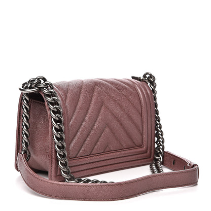 Chanel Metallic Caviar Chevron Quilted Small Boy Flap Dark Pink 2 of 10