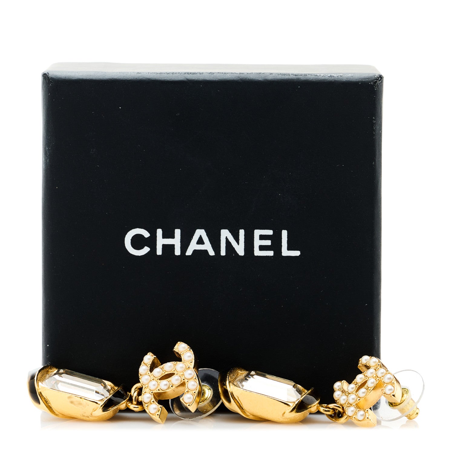 Chanel Crystal Pearl CC Drop Earrings Gold White 5 of 5