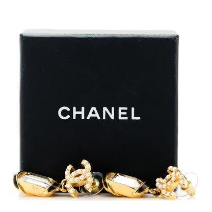Chanel Crystal Pearl CC Drop Earrings Gold White 5 of 5