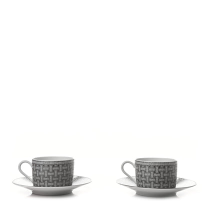 Hermes Porcelain Mosaique Au 24 Platine Tea Cup And Saucer Set Of 2 Platinum 1 of 8