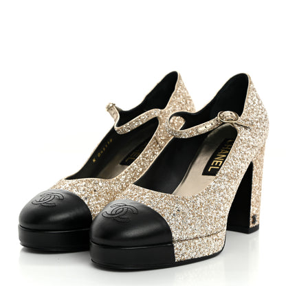 Chanel Glitter Lambskin Cap Toe CC Mary Jane Pumps 39 Light Gold Black 3 of 9