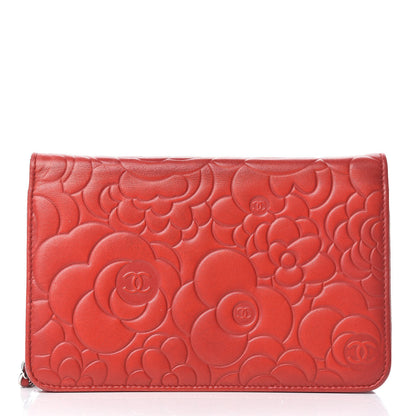 Chanel Lambskin Camellia Embossed Wallet On Chain WOC Red 14 of 17