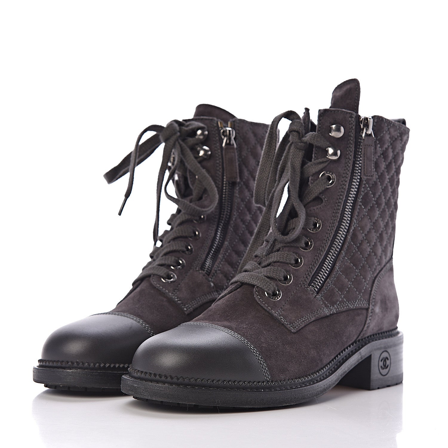 Chanel Suede Quilted CC Lace Up Combat Boots 38 Grey 3 of 8