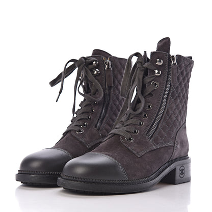 Chanel Suede Quilted CC Lace Up Combat Boots 38 Grey 3 of 8