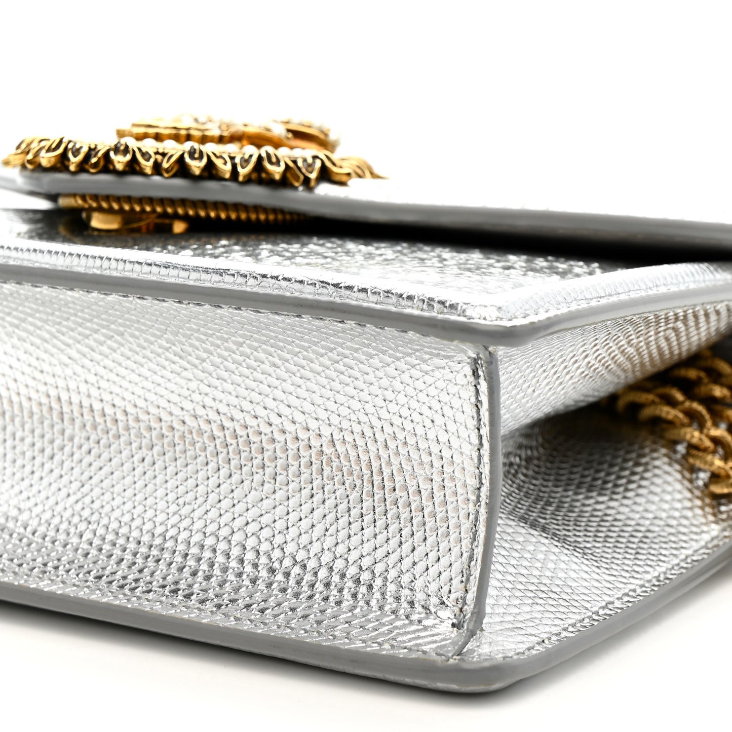 Glitter Metallic Lizard Small Devotion Top Handle Bag Silver