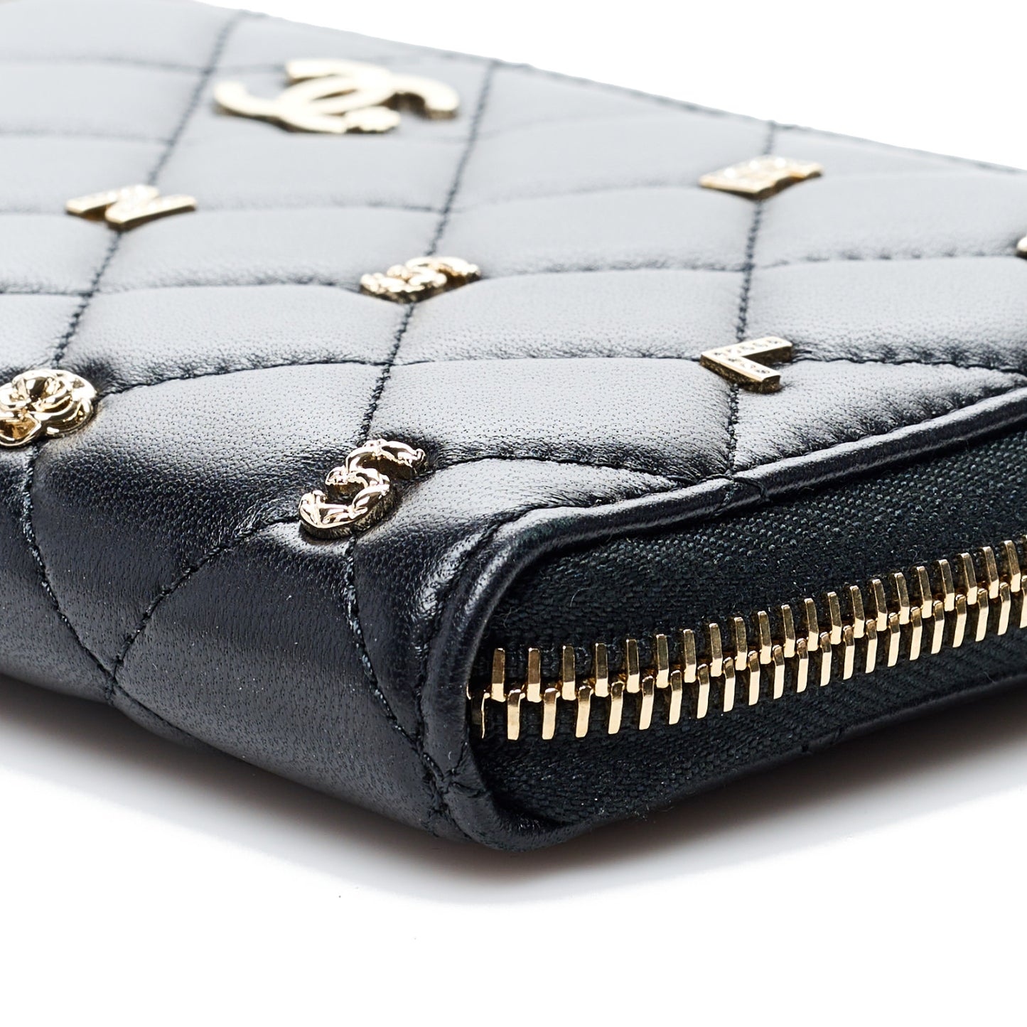 Lambskin Quilted All About Chanel Charm Zip Around Wallet Black