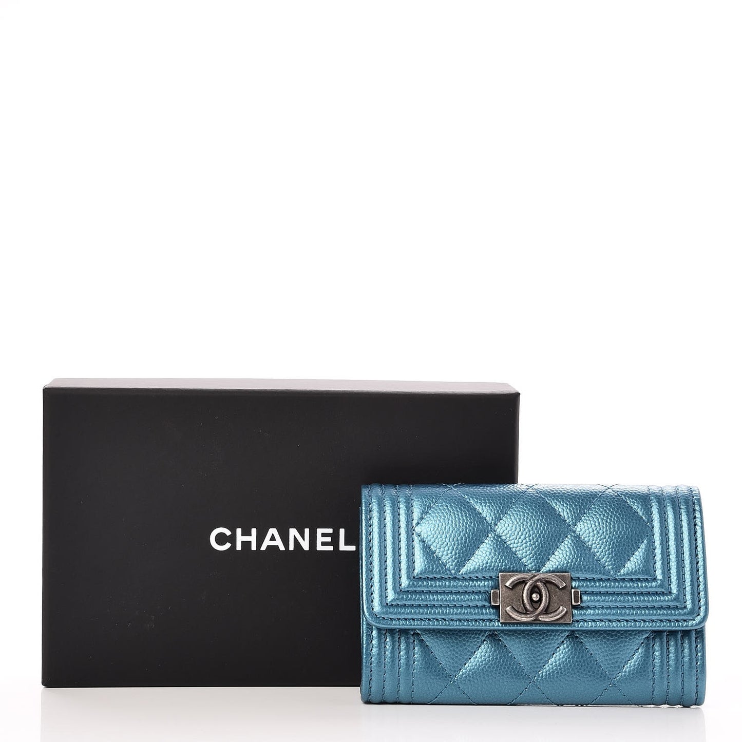 Metallic Caviar Quilted Boy Card Holder Wallet Turquoise