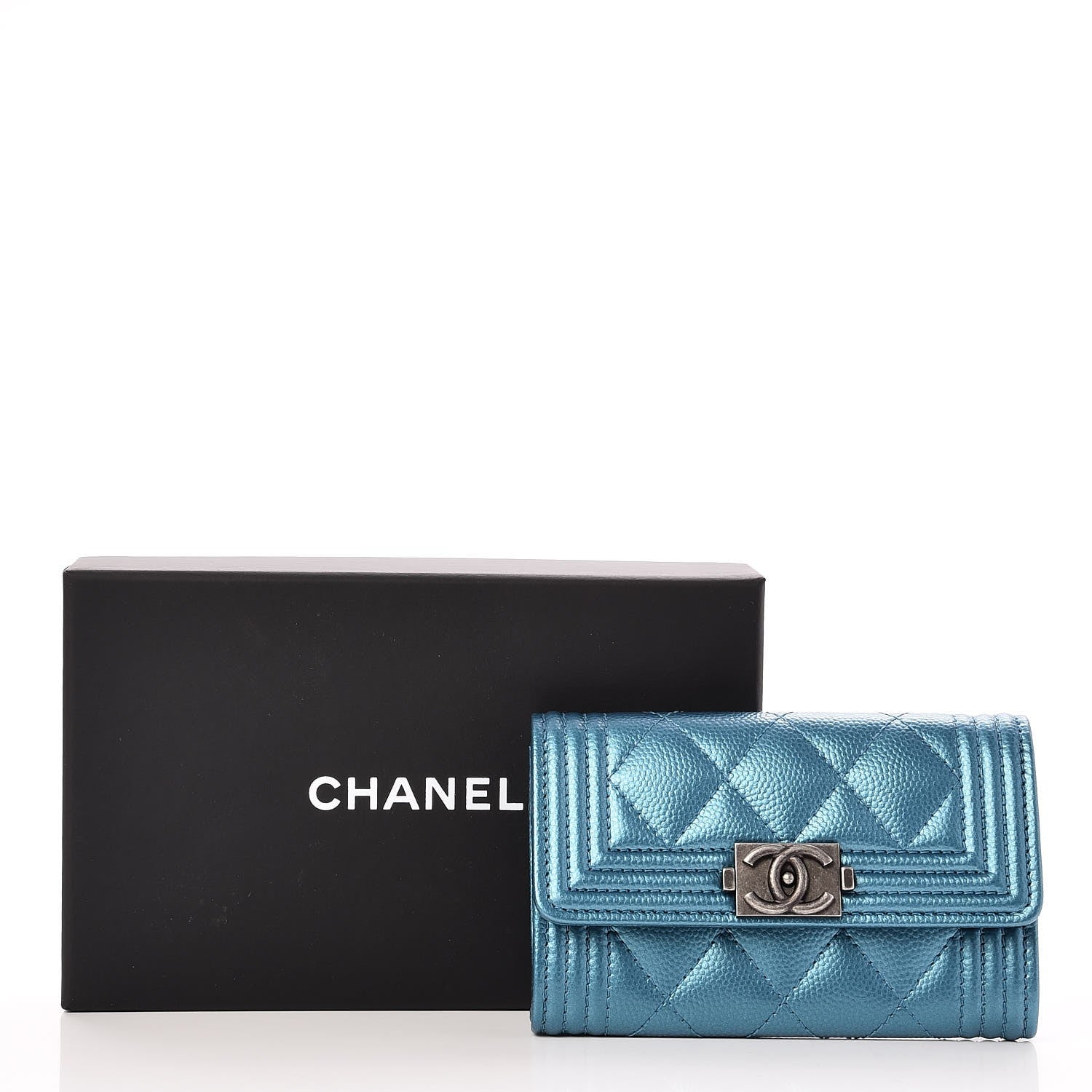 Chanel Metallic Caviar Quilted Boy Card Holder Wallet Turquoise 8 of 8