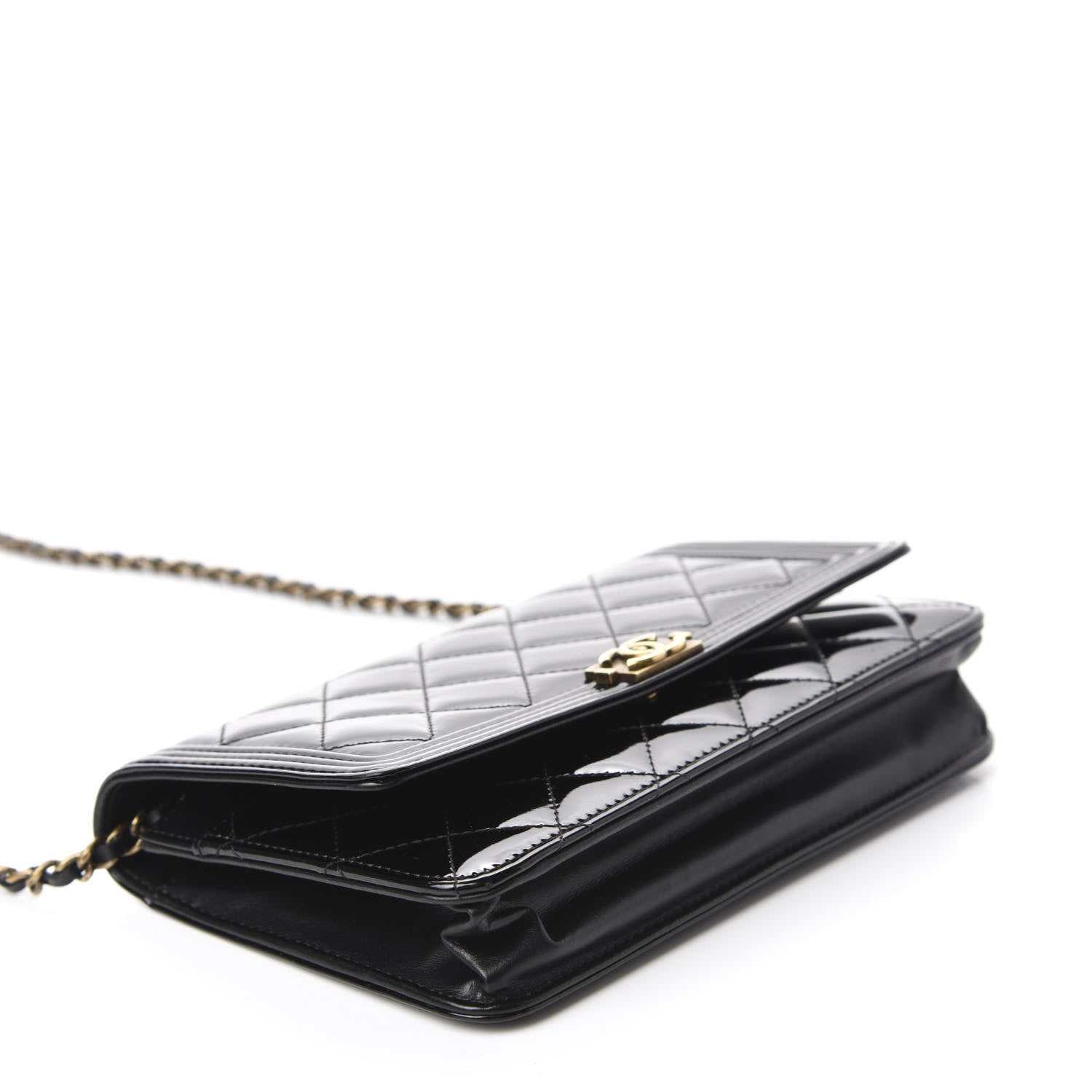 Chanel Patent Calfskin Quilted Boy Wallet On Chain WOC Black 4 of 12