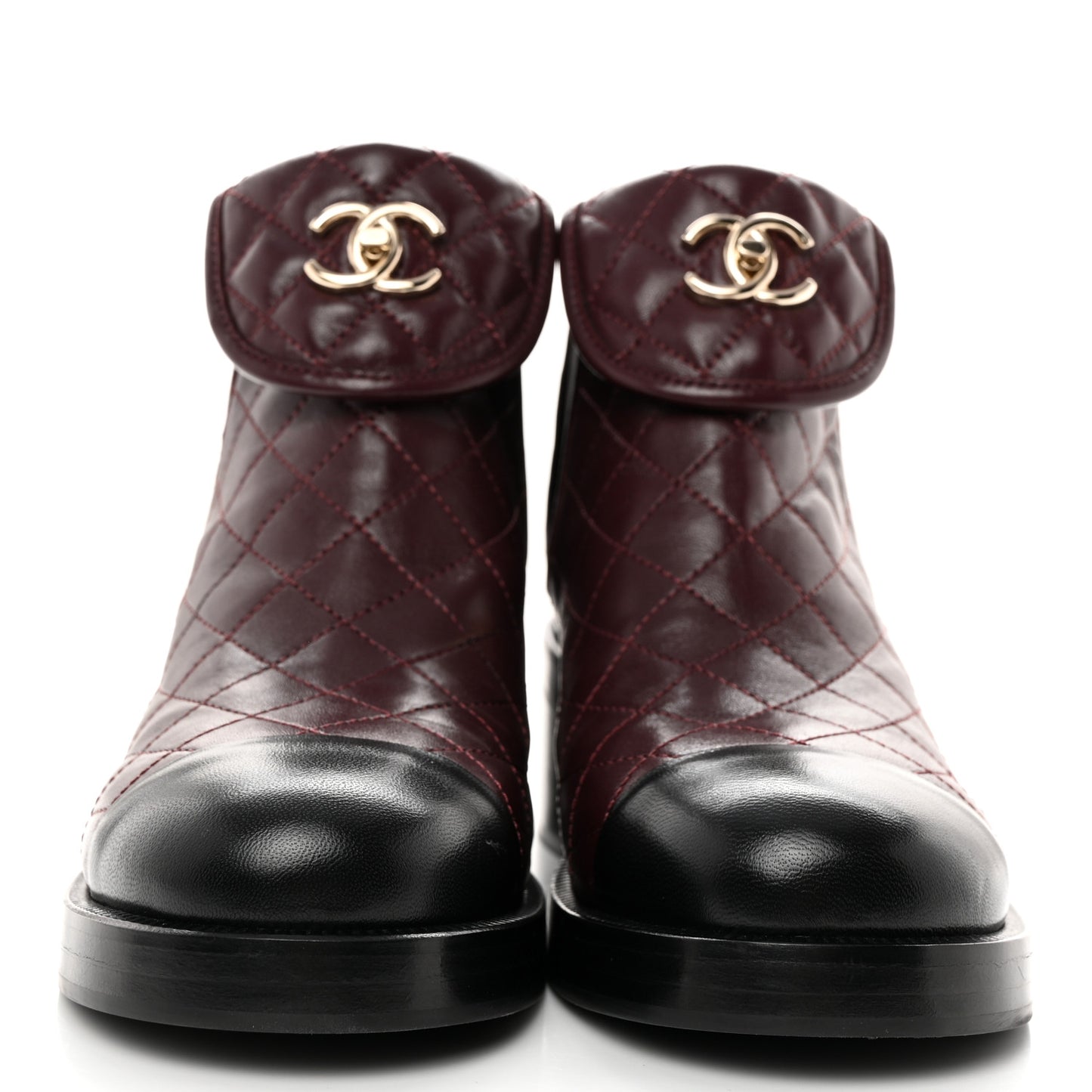 Lambskin Quilted Cap Toe CC Turnlock Booties 38 Burgundy Black