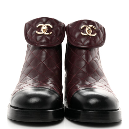 Chanel Lambskin Quilted Cap Toe CC Turnlock Booties 38 Burgundy Black 2 of 9