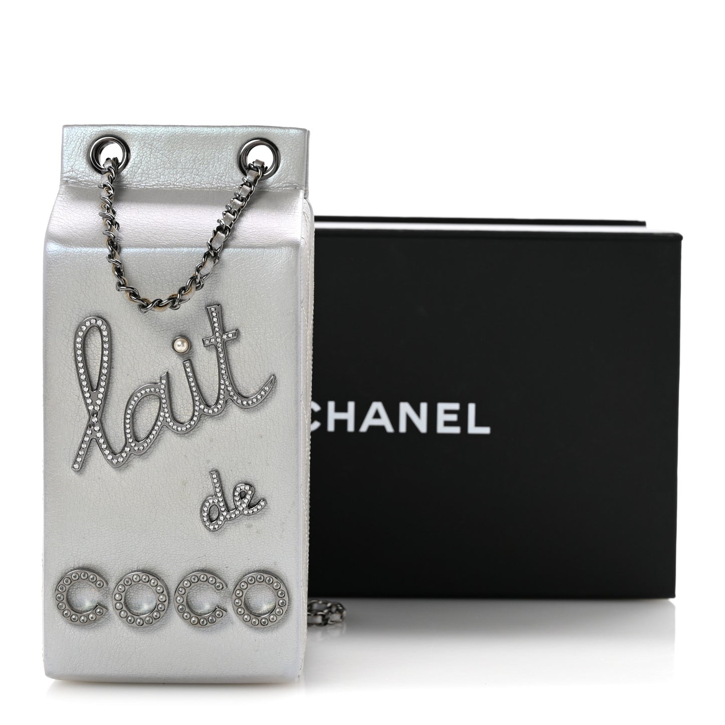 Metallic Goatskin Lait de Coco Milk Carton Bag Silver